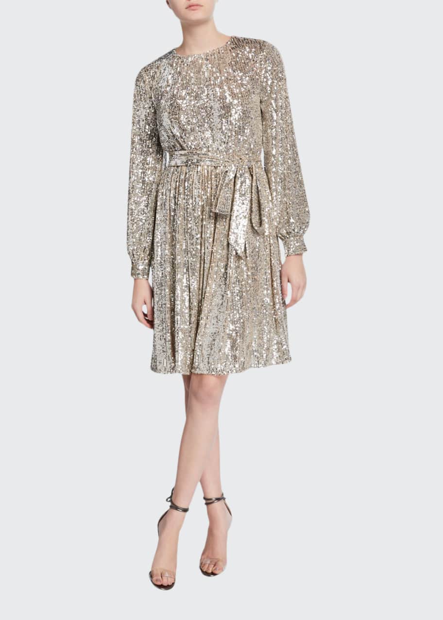 Chloe Sequin Jewel Neck Long Sleeve Dress