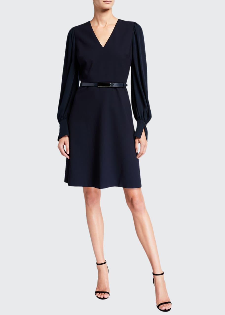 Elie Tahari Hale V-Neck Long-Sleeve Belted Dress - Bergdorf Goodman