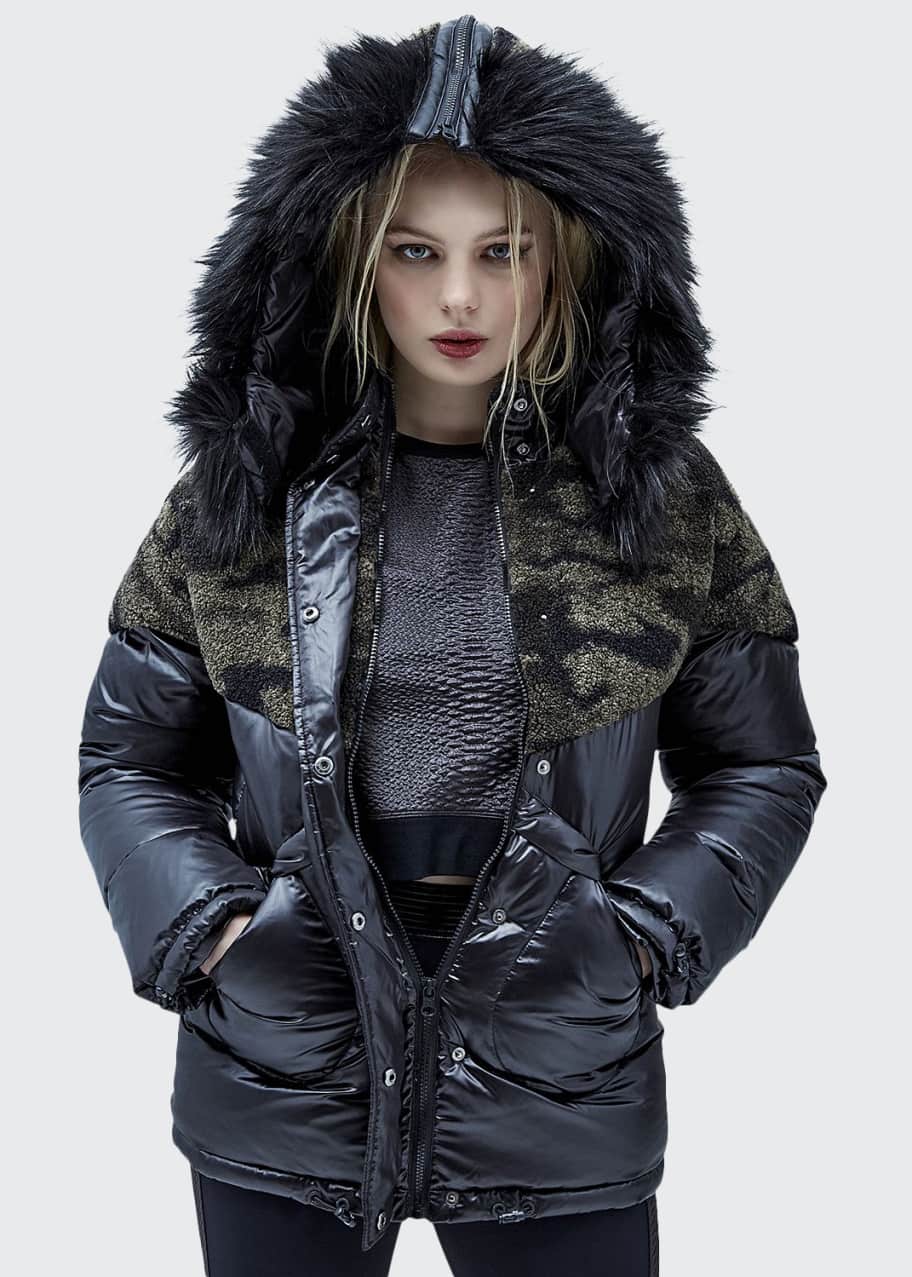 Image 1 of 1: Hooded Camo-Sherpa Trim Puffer Jacket