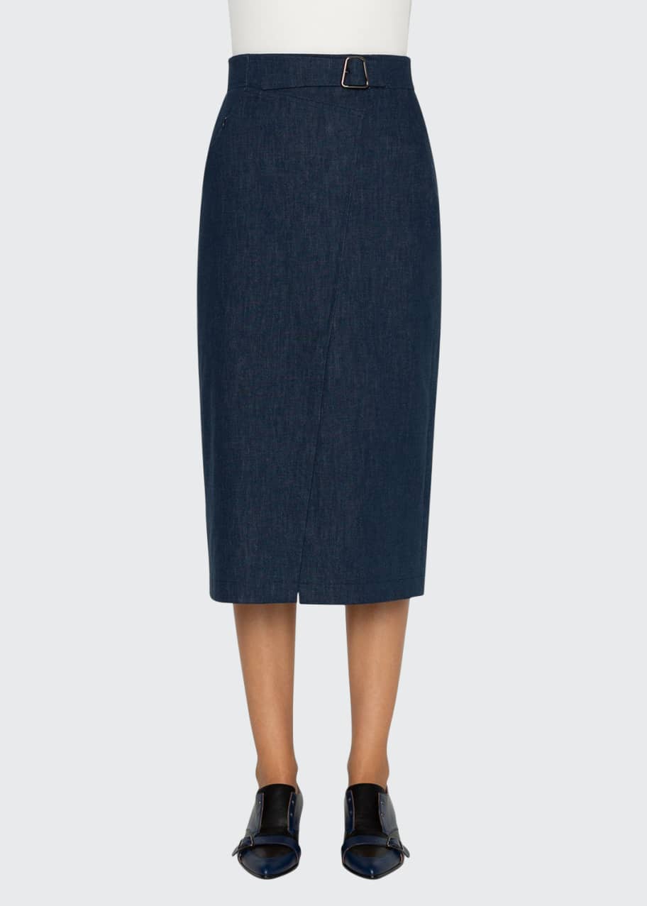Image 1 of 1: Cotton Denim Stretch Faux-Wrap Belted Midi Skirt