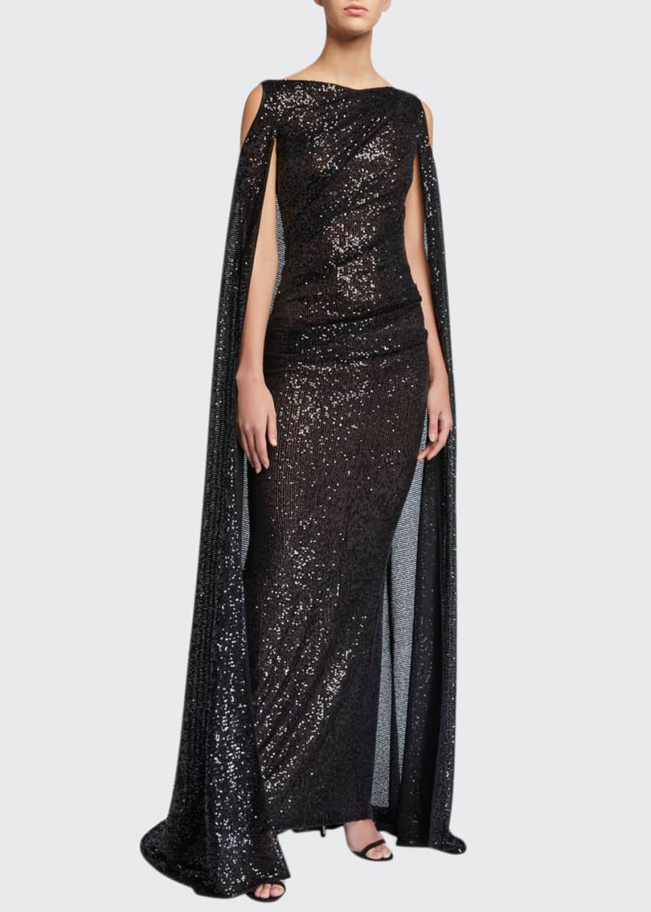 Talbot Runhof Caped Cold-Shoulder Micro-Sequined Gown - Bergdorf Goodman