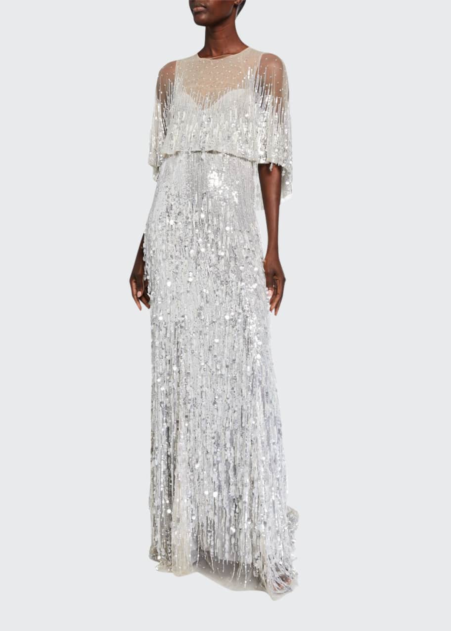 Image 1 of 1: Embroidered Tulle Jewel-Neck Capelet Gown