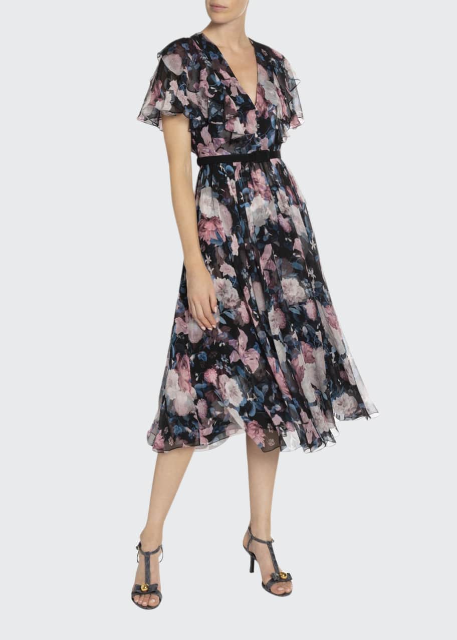 Image 1 of 1: Garland Dusk Bouquet Georgette Flutter-Sleeve Dress