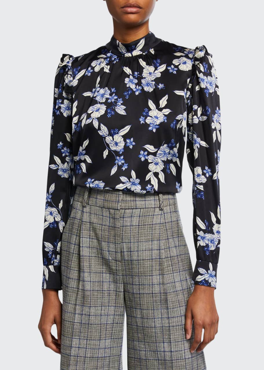 Image 1 of 1: Carleton Floral-Print Ruffle Silk Top