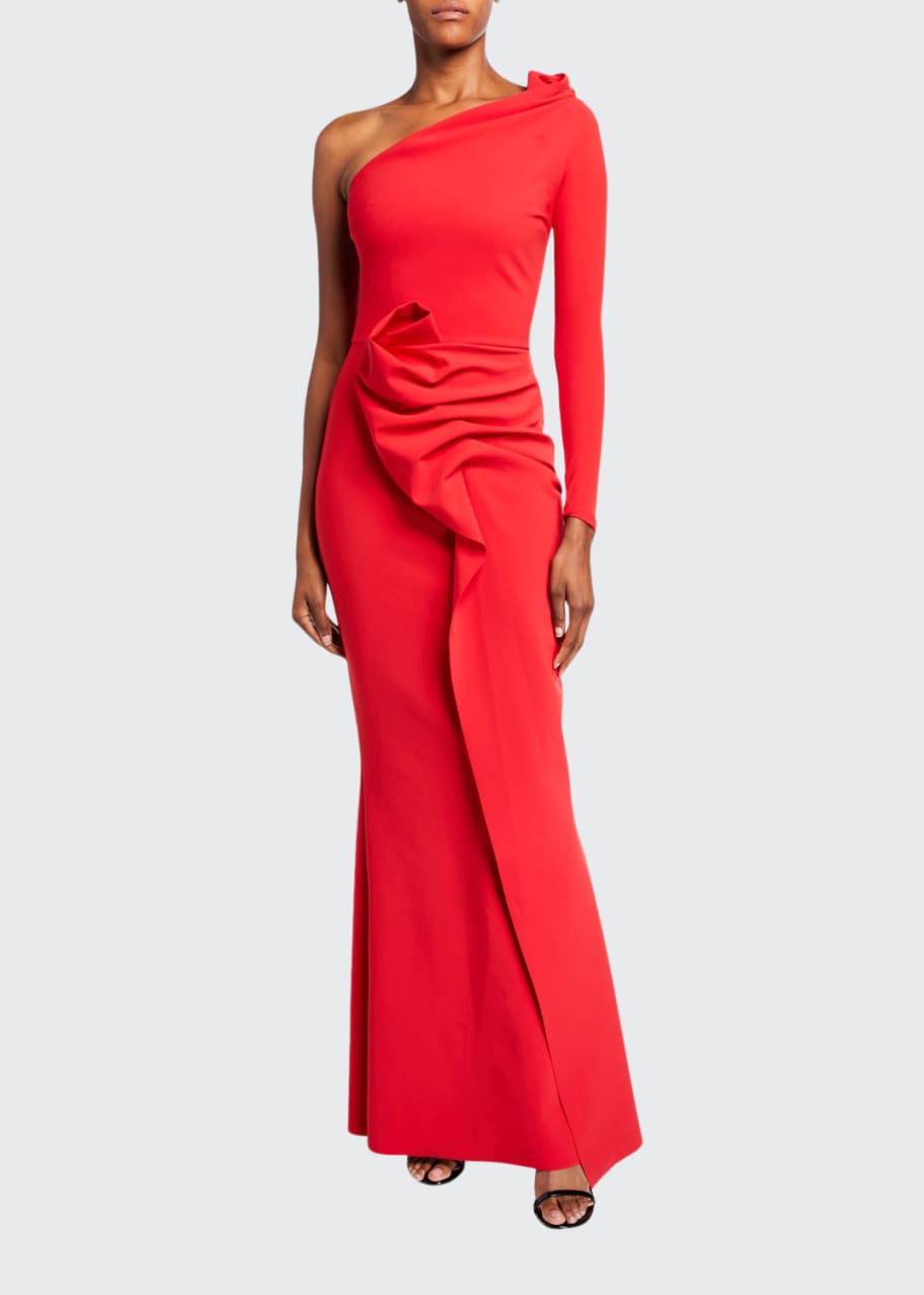 Image 1 of 1: Asymmetric One-Sleeve Shirred Skirt Gown