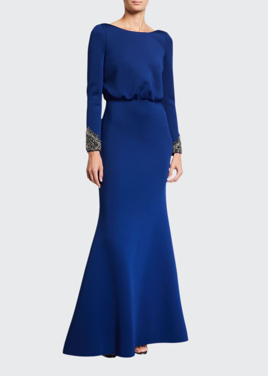 Badgley Mischka Collection V-Back Long-Sleeve Beaded-Cuff Gown w/ Bow  Detail - Bergdorf Goodman
