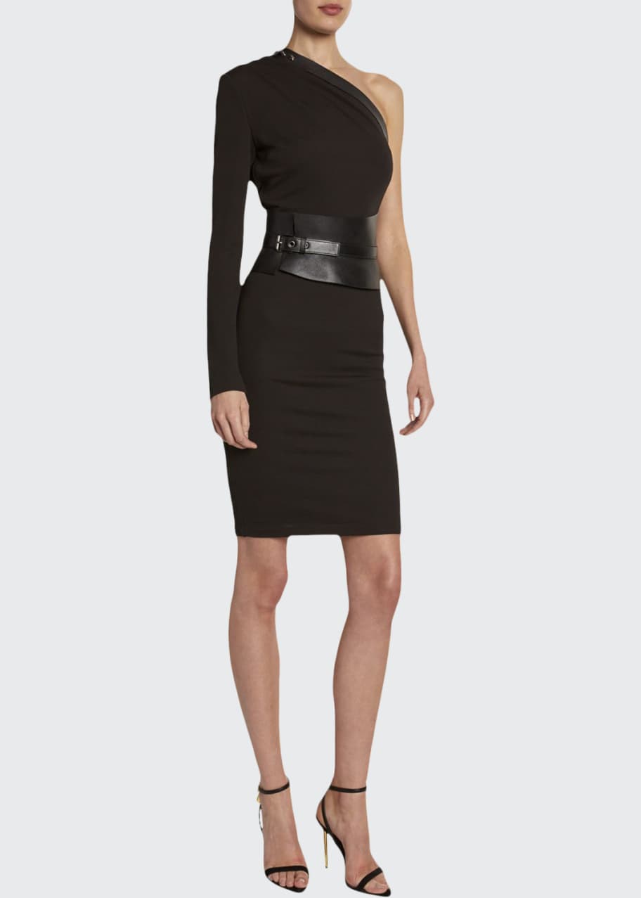Image 1 of 1: One-Shoulder Bodycon Dress with Removable Leather Harness