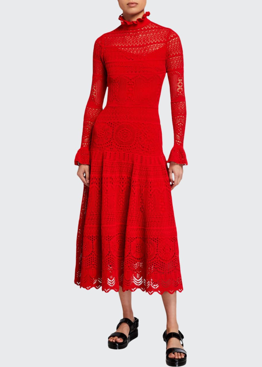 McQueen High-Neck Long-Sleeve Crochet Lace Dress - Bergdorf Goodman