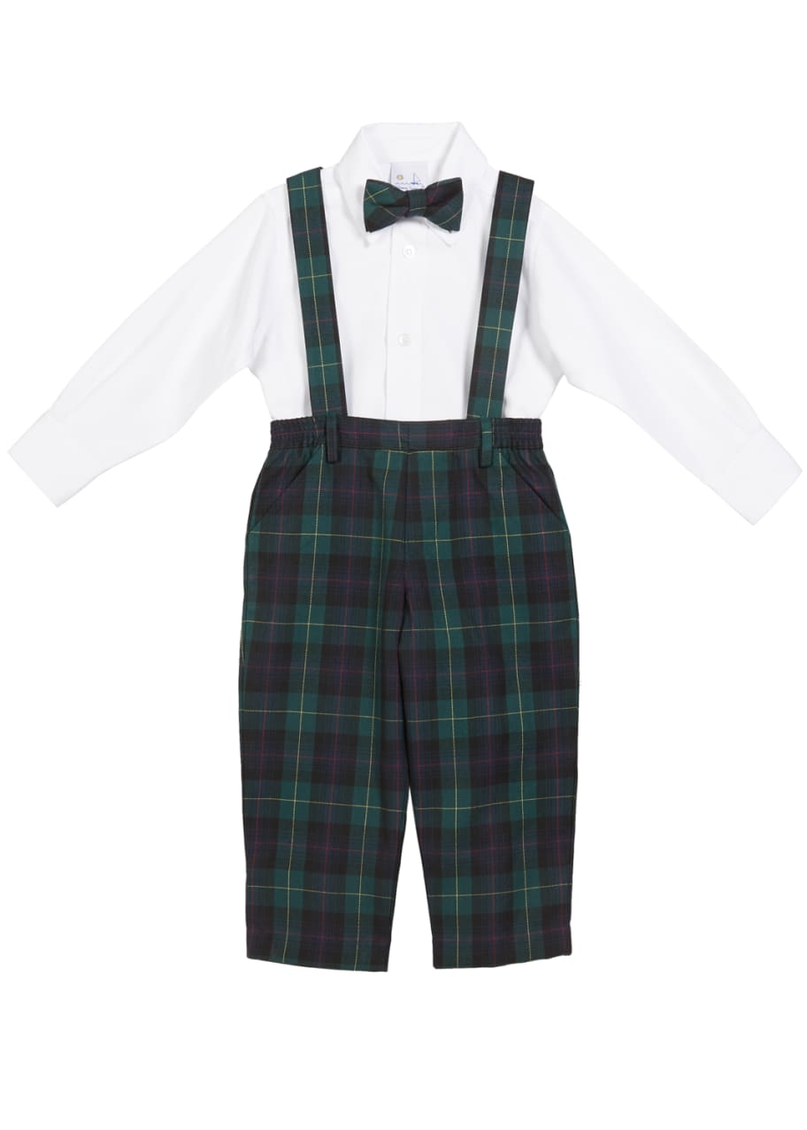 Image 1 of 1: Plaid Overalls w/ Oxford Dress Shirt & Matching Bow Tie, Size 12-24 Months