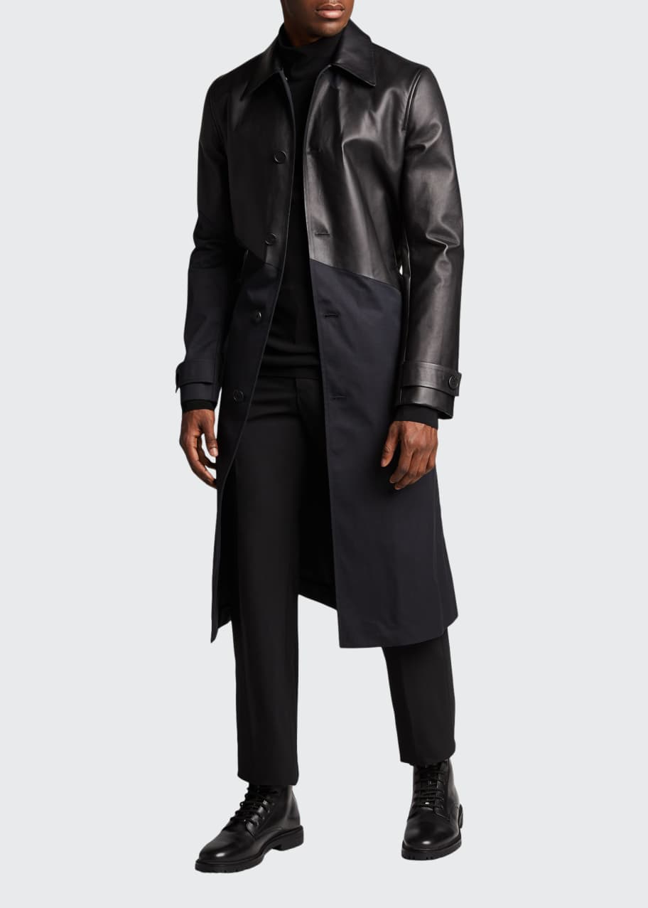 Bottega Veneta Men's Tech Trench Coat w/ Bonded Leather Top