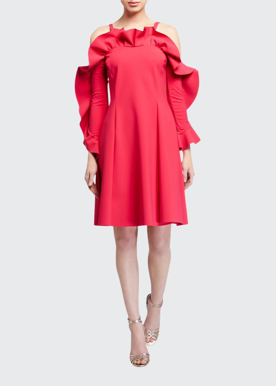 Image 1 of 1: Ruffle-Neck Cold-Shoulder A-Line Dress