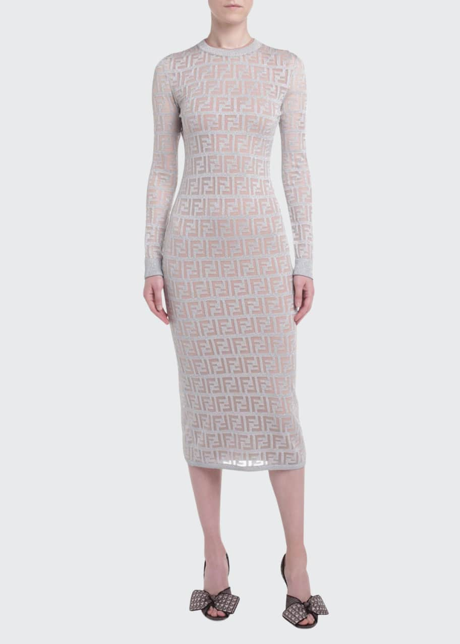 Image 1 of 1: Logo-Jacquard Long-Sleeve Bodycon Dress