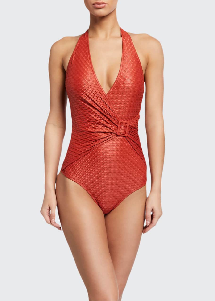 Image 1 of 1: Textured Halter One-Piece Swimsuit