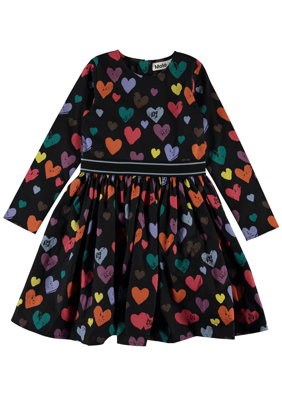 Image 1 of 1: Girl's Christin Long-Sleeve Heart Print Dress, Size 3T-14