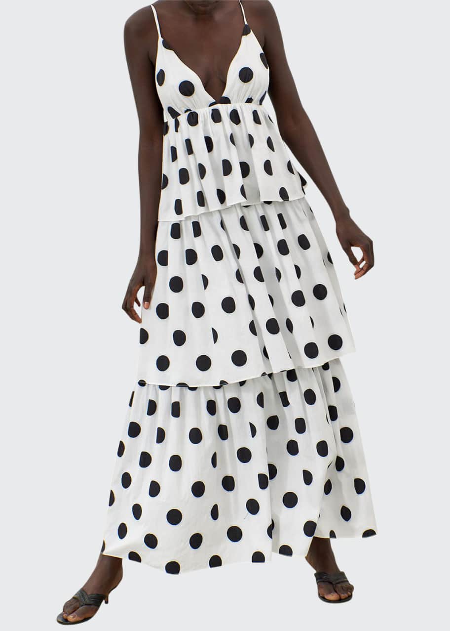 Bari Polka Dot Sleeveless Tiered Ruffle Maxi Dress