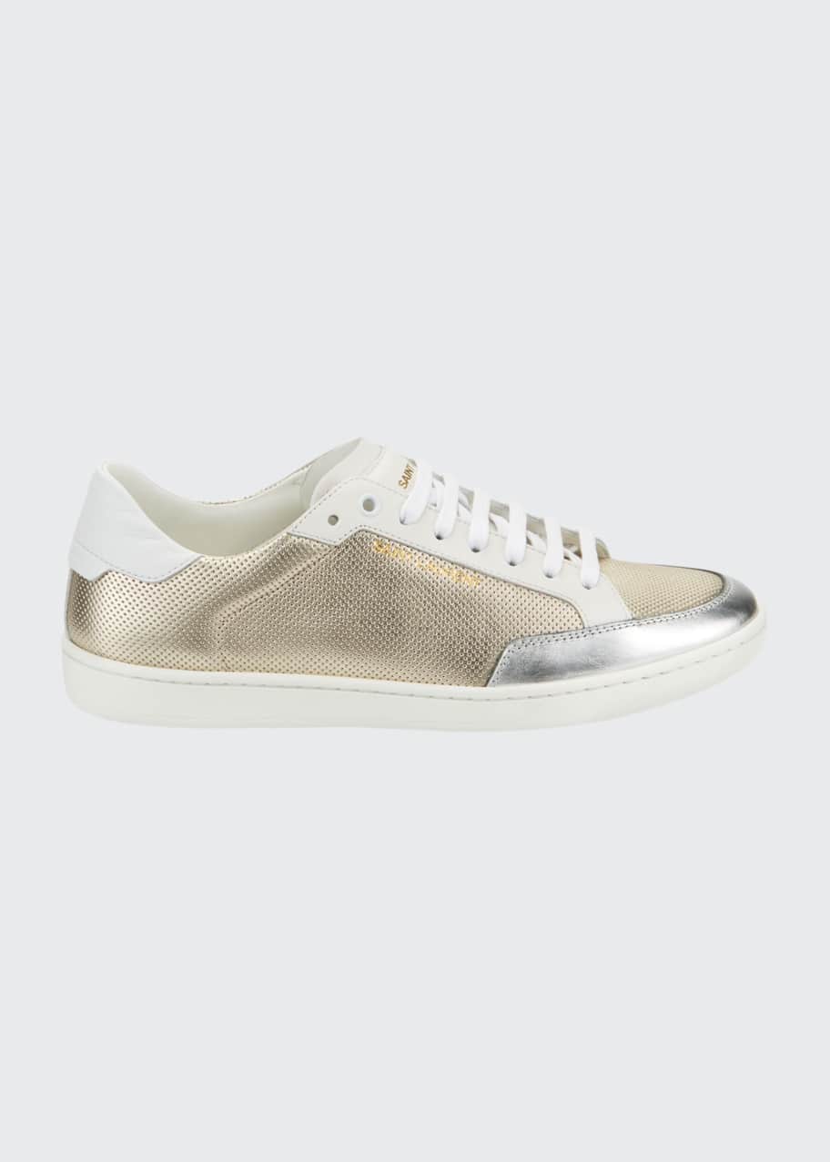 Image 1 of 1: Men's Perforated Metallic Leather Low-Top Sneakers