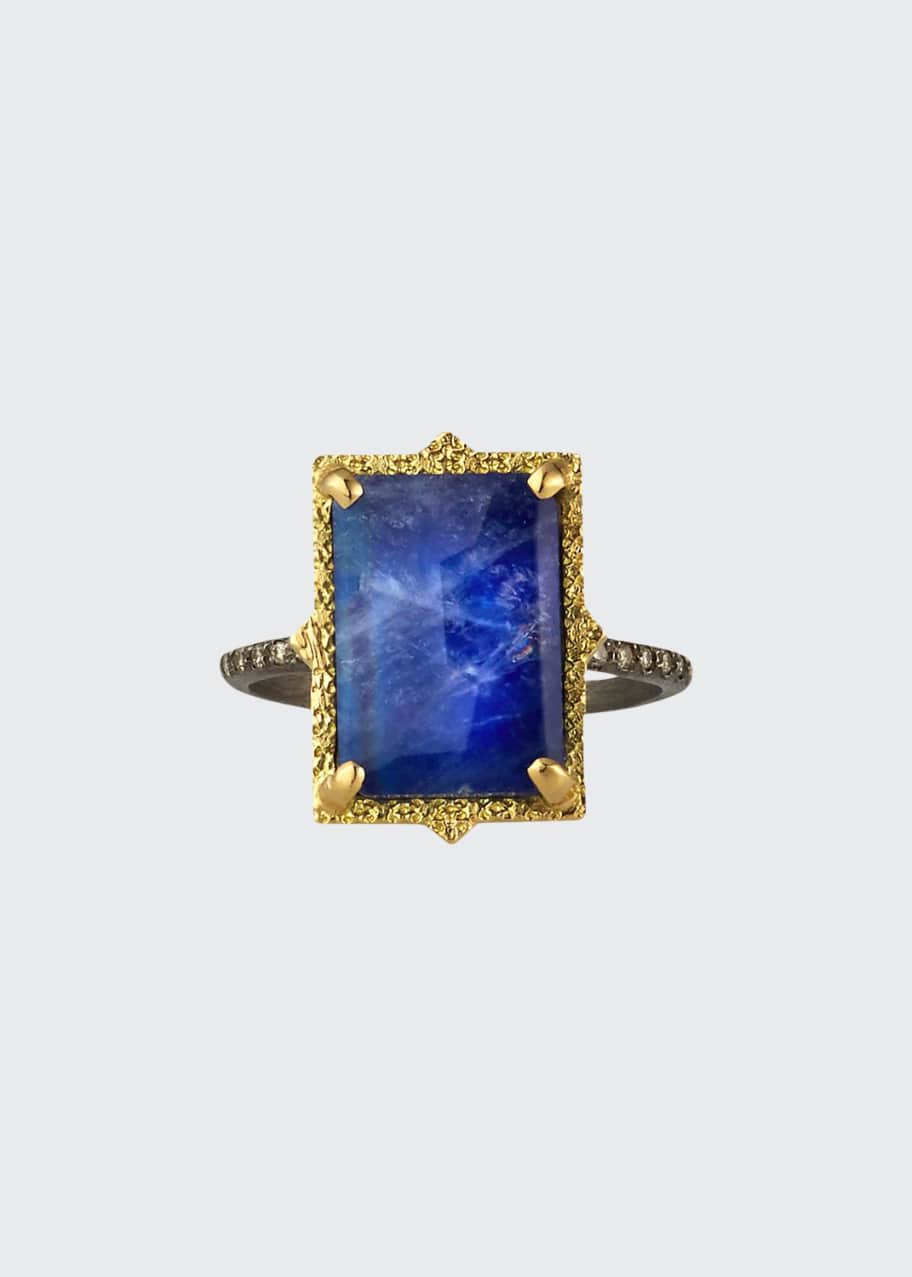 Image 1 of 1: Old World Lapis/Blue Moonstone Rectangular Ring w/ Diamonds, Size 6.5