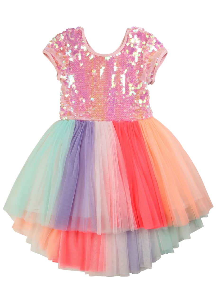 Image 1 of 1: Girl's Sequin-Bodice Multicolored Tulle Dress, Size 4-10