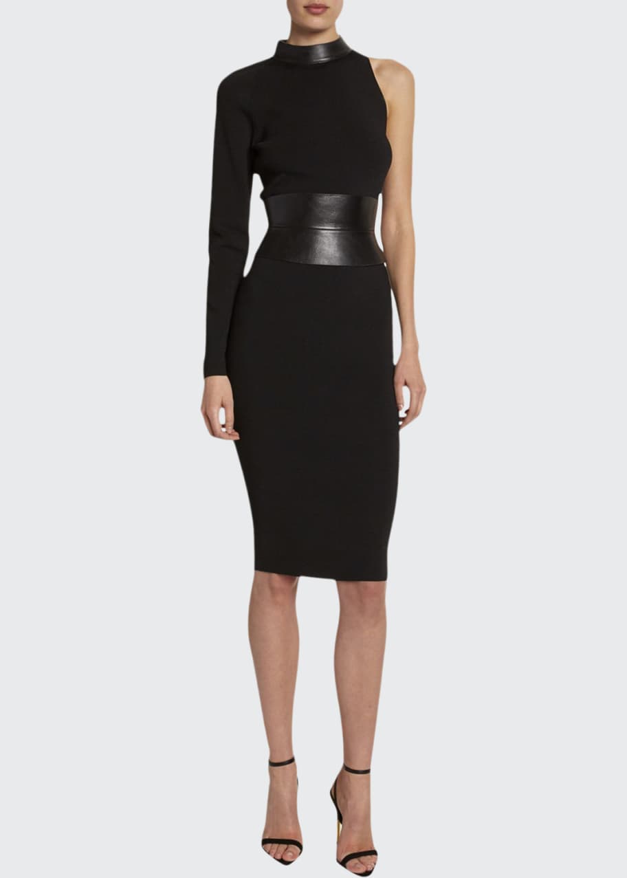 Image 1 of 1: One-Sleeve Bodycon Dress with Leather Belt