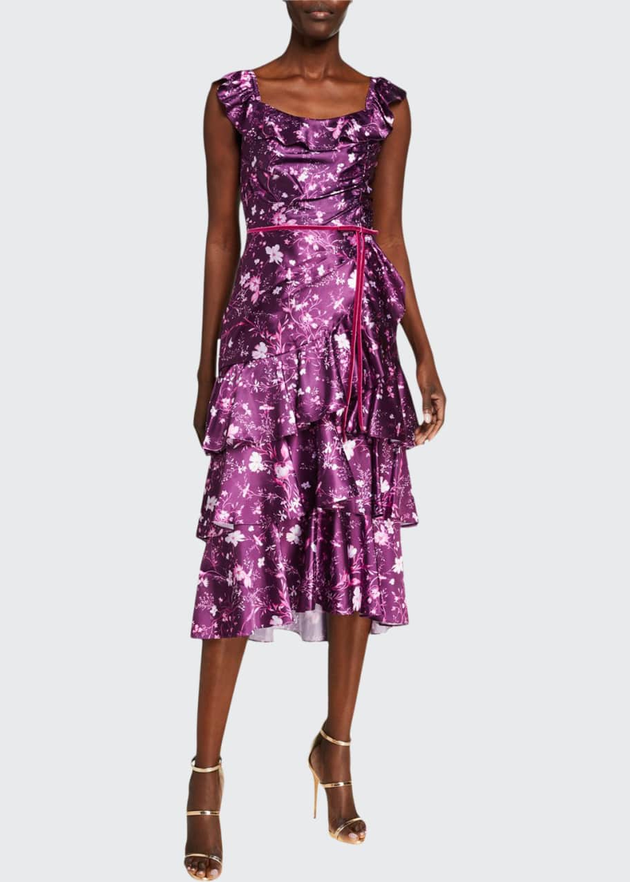 Marchesa Notte Floral Draped Charmeuse Tiered RuffleTrim Dress