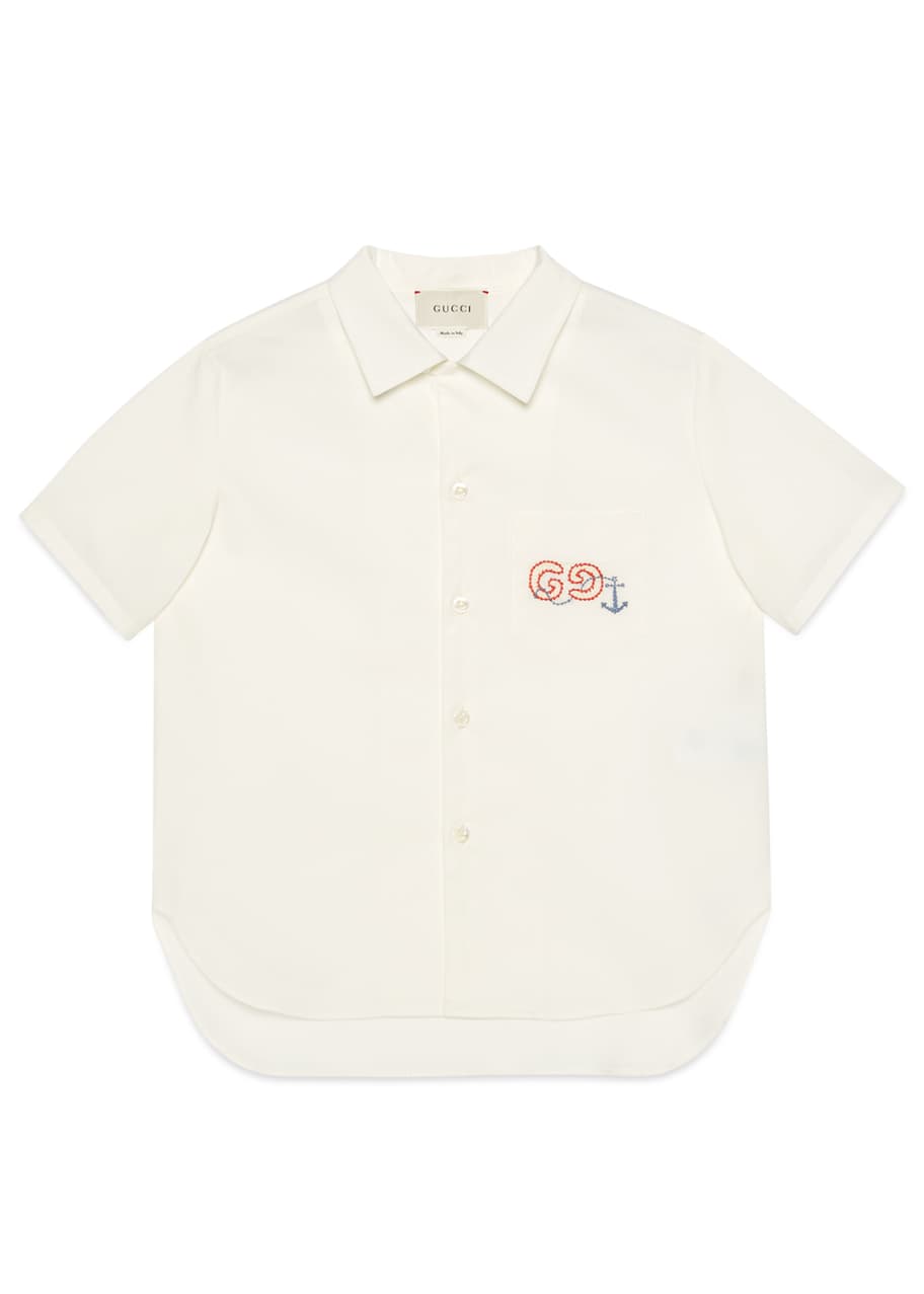 Image 1 of 1: Boy's Collared Poplin Shirt with Embroidery, Size 4-12
