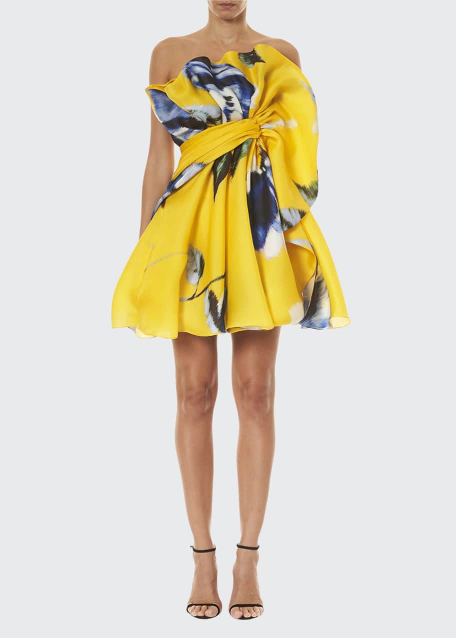 Image 1 of 1: Floral Print Silk Ruffled Mini Dress