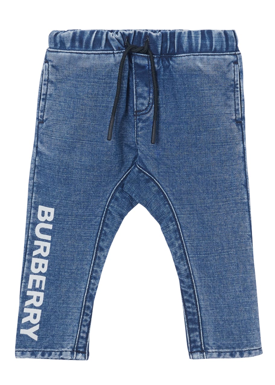 Image 1 of 1: Boy's Curran Drawstring Denim Jeans w/ Logo Print Down Leg, Size 6M-2