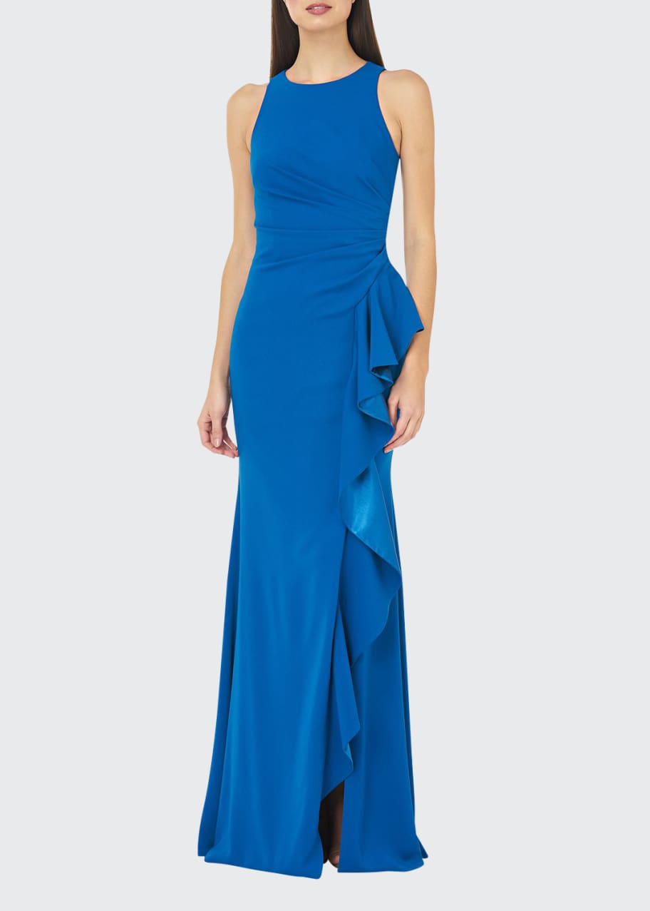 Crepe Halter Gown with Side Ruffle