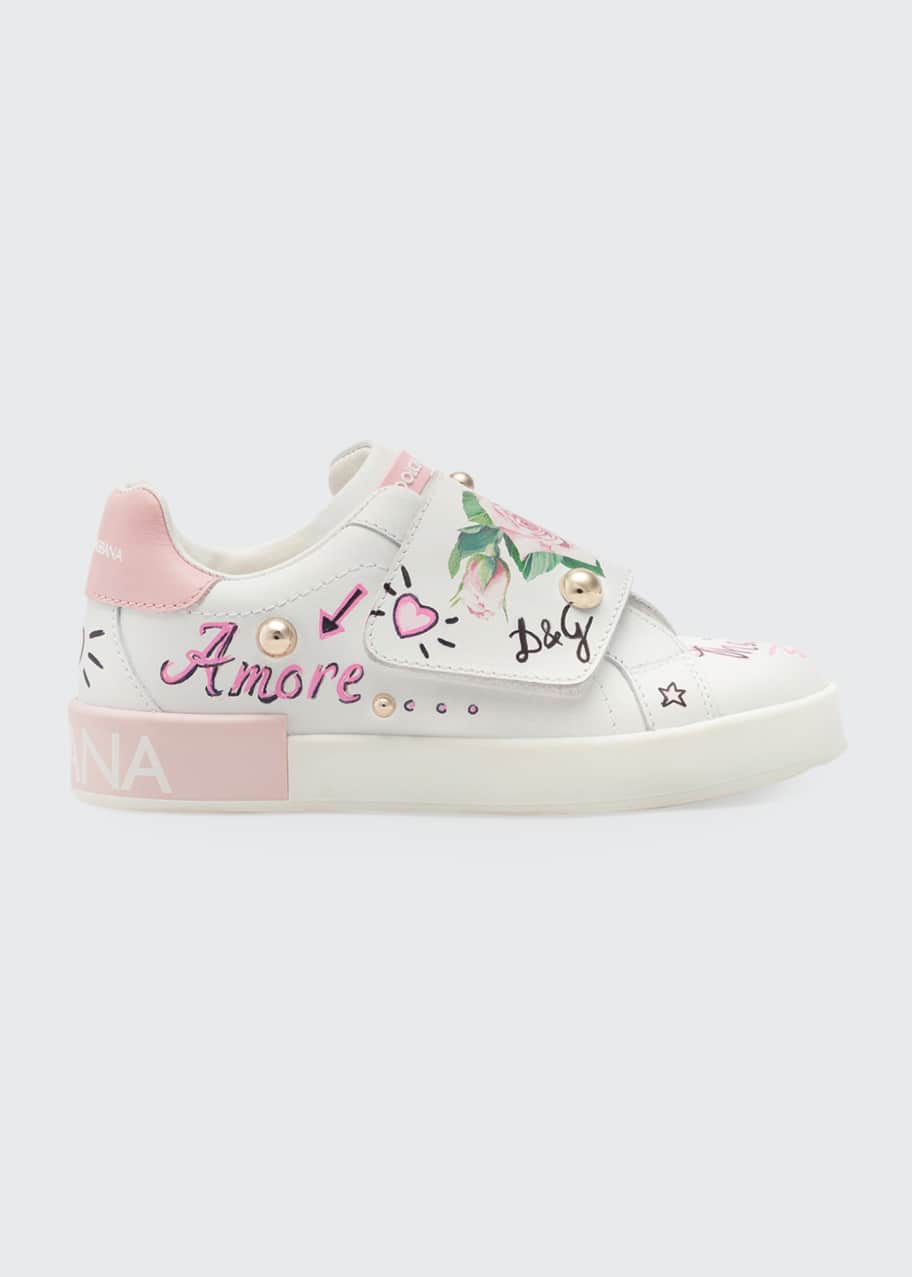 Image 1 of 1: Floral Print Grip-Strap Leather Sneakers, Toddler/Kids