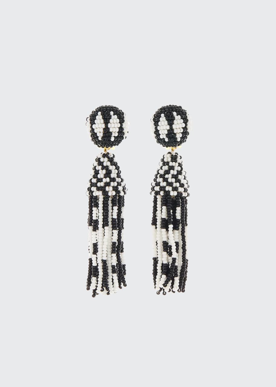 Image 1 of 1: Short Beaded Tassel Clip Earrings, Black/White