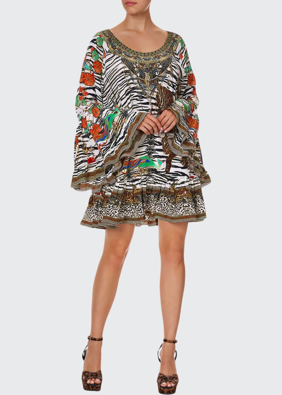 Image 1 of 1: Mixed-Print A-Line Silk Frill Dress