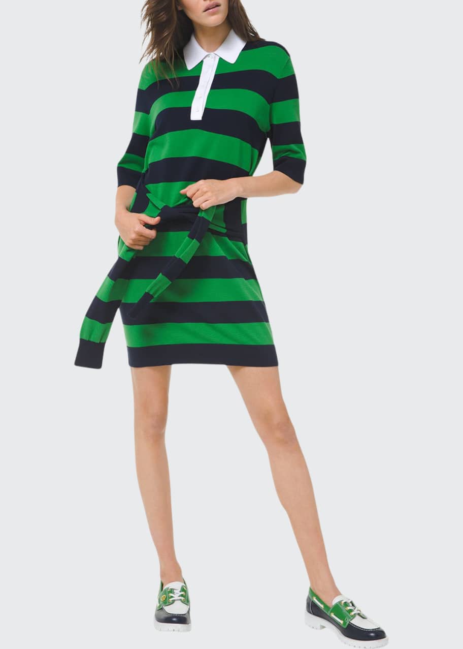Image 1 of 1: Striped Tie-Waist Knit Polo Dress