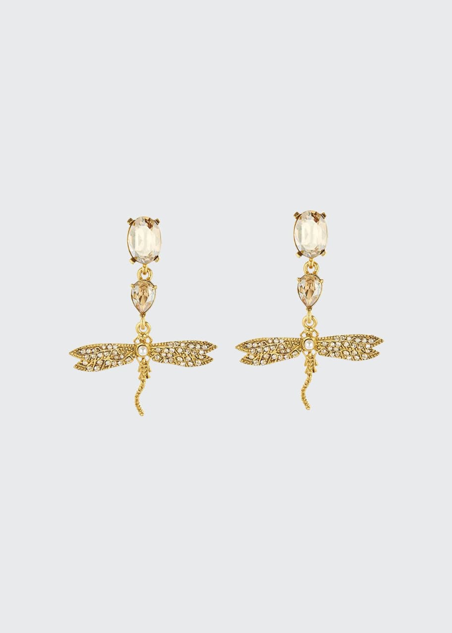 Image 1 of 1: Pearly Crystal Pave Dragonfly Drop Earrings