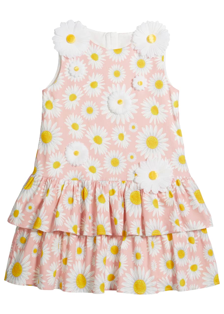 Image 1 of 1: Girl's Daisy Print Knit Dress w/ 3D Daisies, Size 6-12