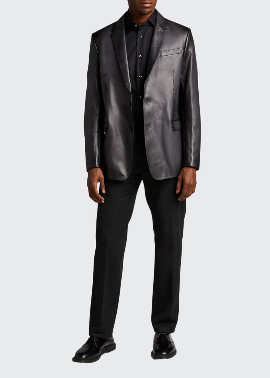 chinese dress ladies Men's Classic Peak Lapel Leather Blazer - Black Embossed