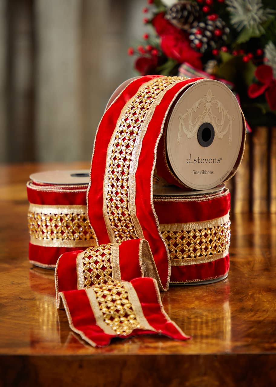 D. Stevens Red Velvet Ribbon with Jeweled Trellis, 4" x 5 yds