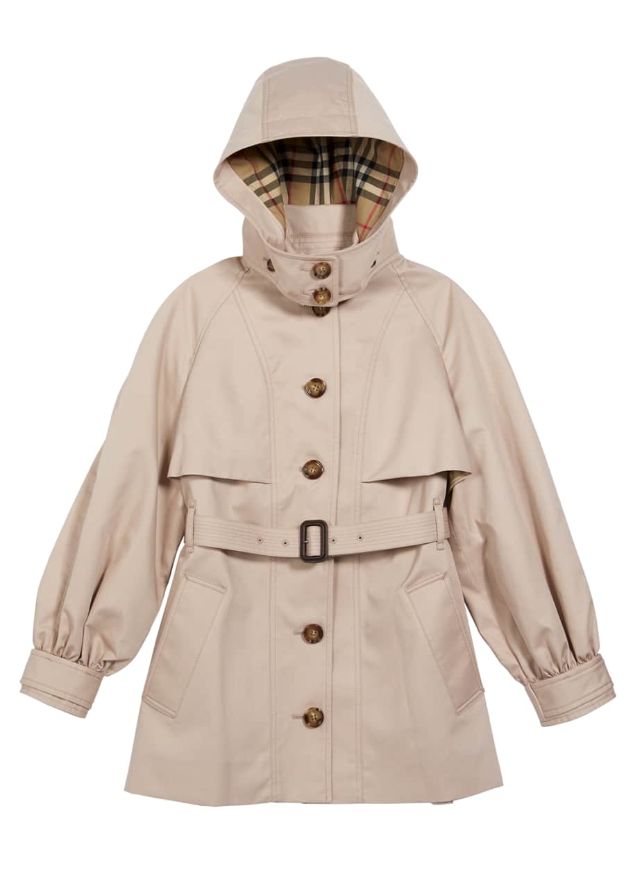 Image 1 of 1: Girl's Detachable Hood Cotton Twill Trench Coat, Size 3-14