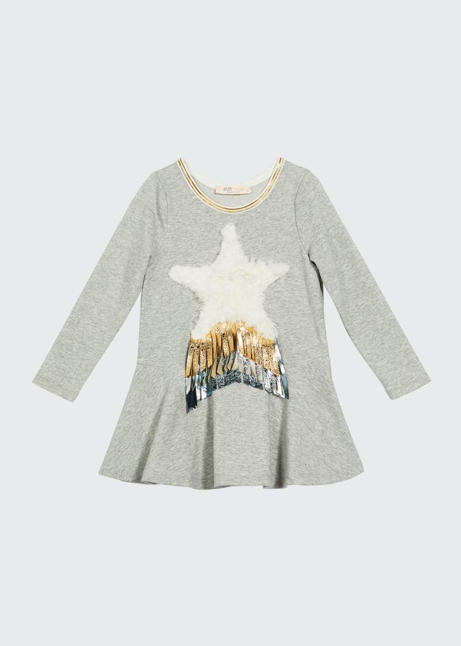 Image 1 of 1: Girl's Long-Sleeve French Terry Dress w/ Faux Fur Star, Size 4-6X