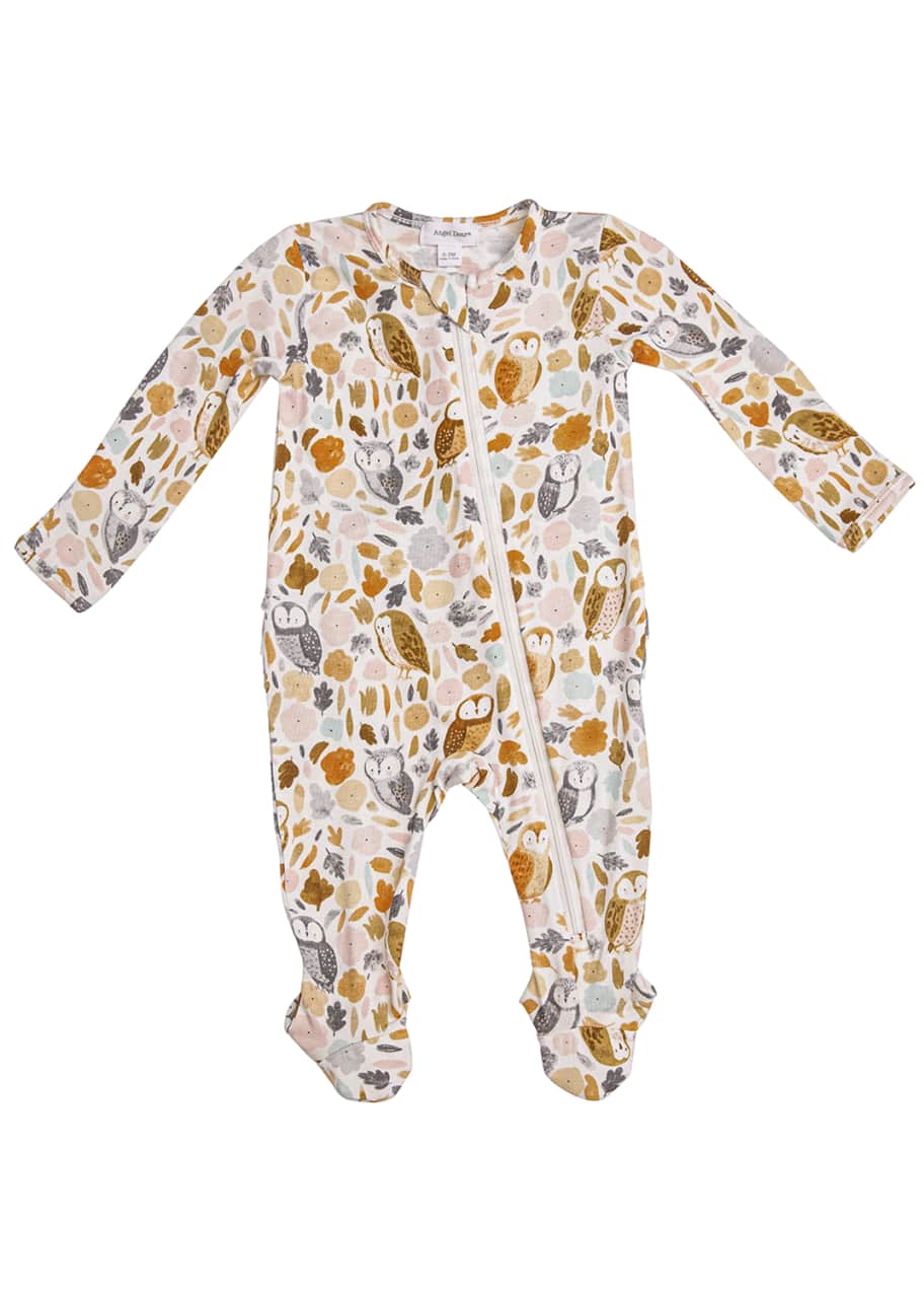 Angel Dear Girl's Autumn Owls Ruffle-Back Zipper Footie Playsuit, Size ...