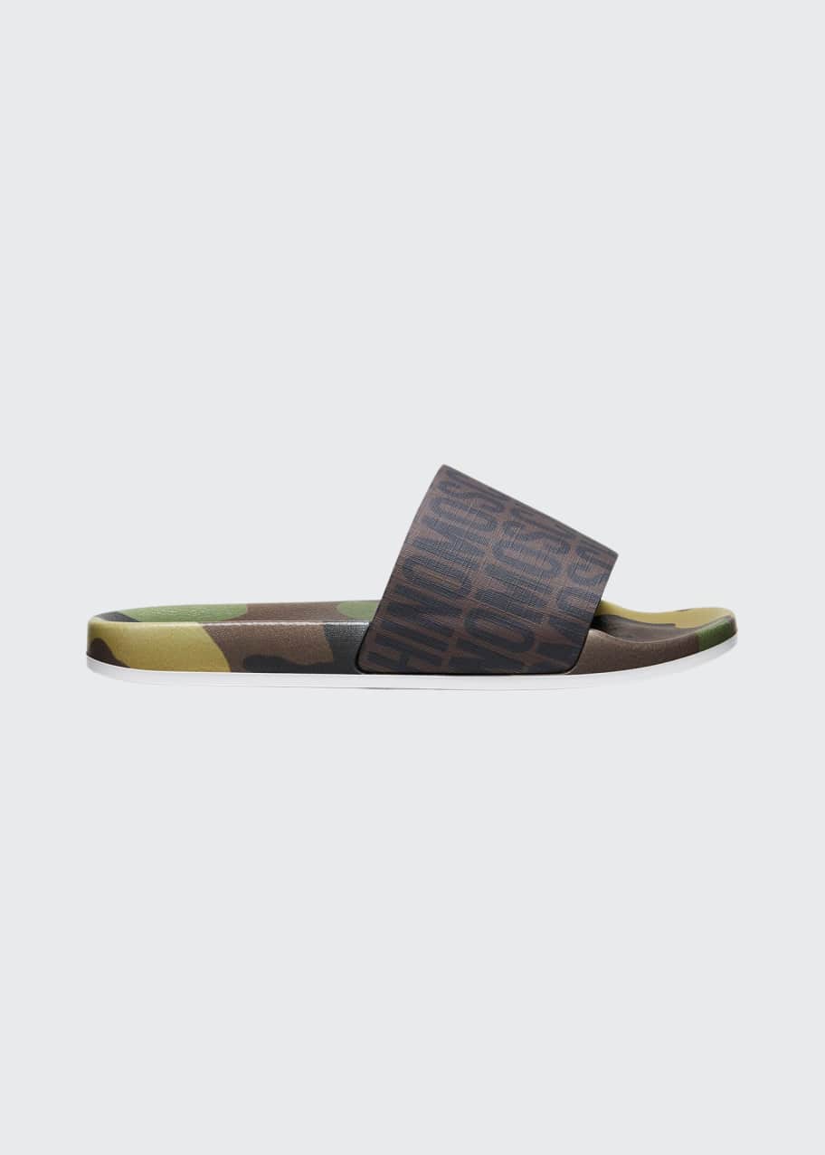 Moschino Men s Camo Printed Logo Slide Sandals Bergdorf Goodman