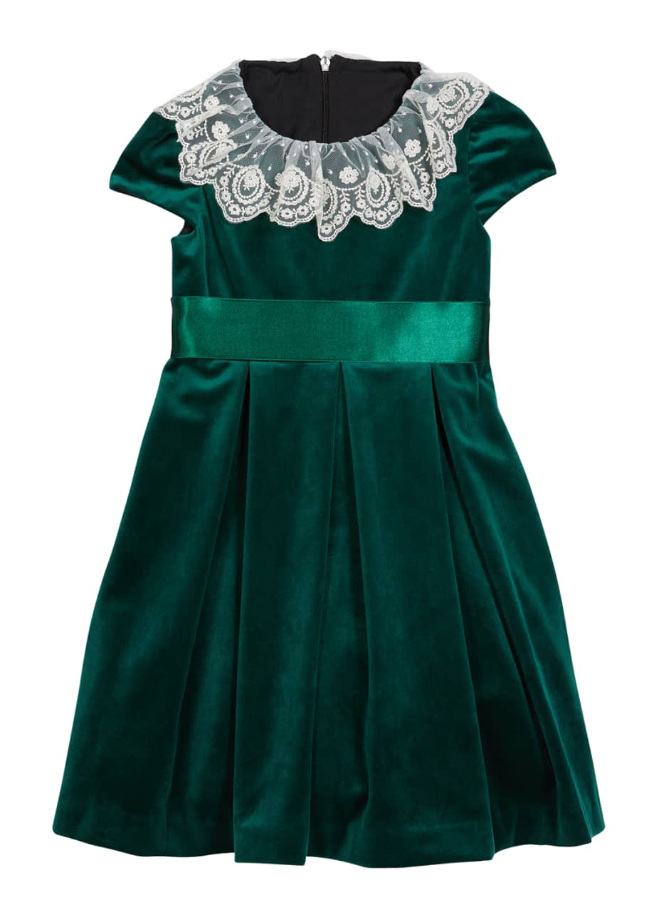 Luli & Me Girls Deluxe Velvet Float Dress - Lace Collar - Aqua Sage Green main image 1