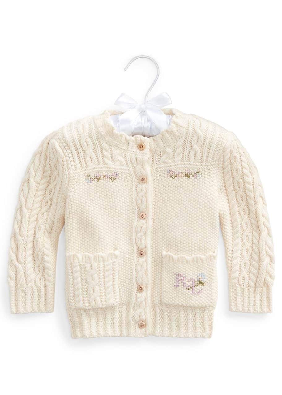 Image 1 of 1: Girl's Floral Intarsia Cable Knit Cardigan, Size 6-24M