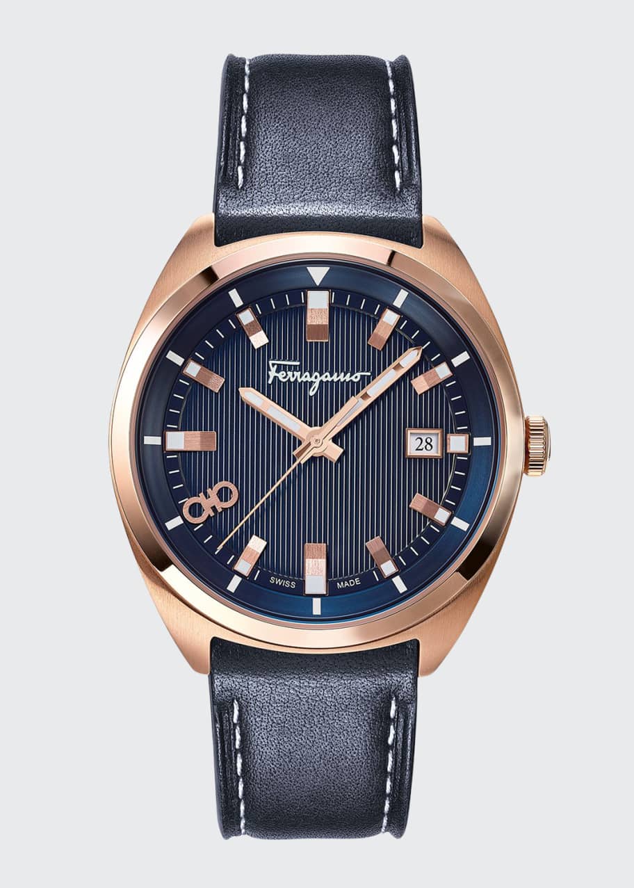 Image 1 of 1: Men's 40mm Heritage IP Rose Gold Watch w/ Leather Strap