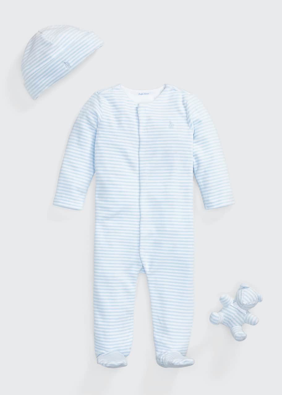 Image 1 of 1: Boy's Striped Footie Pajama Three-Piece Gift Set, Size Newborn-9M
