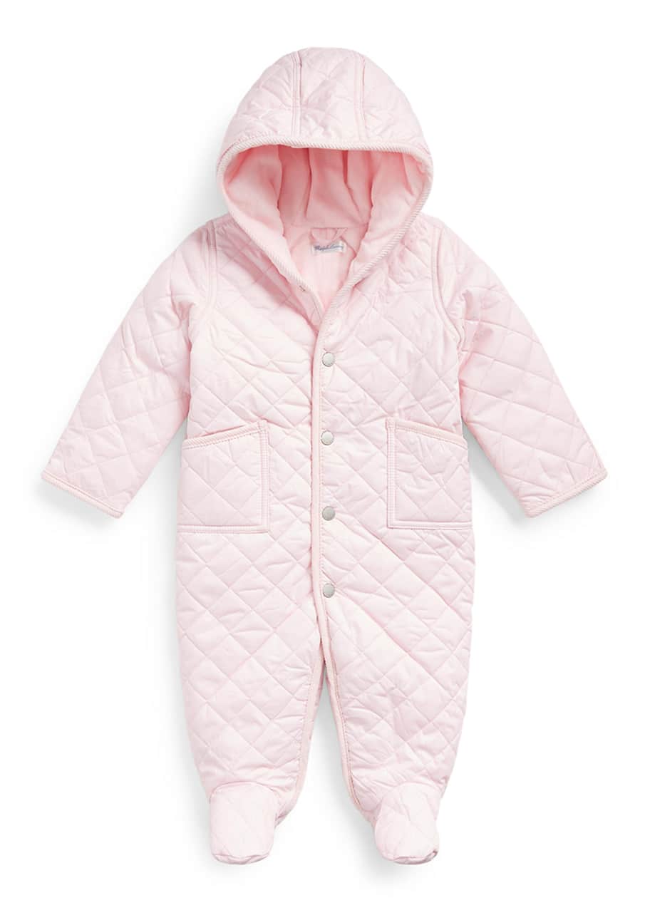 Image 1 of 1: Girl's Hooded Cotton Quilted Snowsuit, Size 3-9M