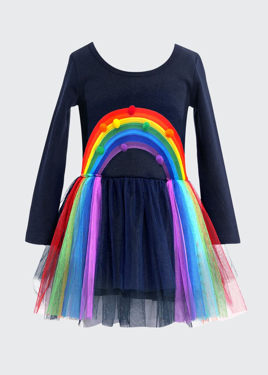 Image 1 of 1: Girl's Rainbow Pompom Tulle Dress, Size 2-4