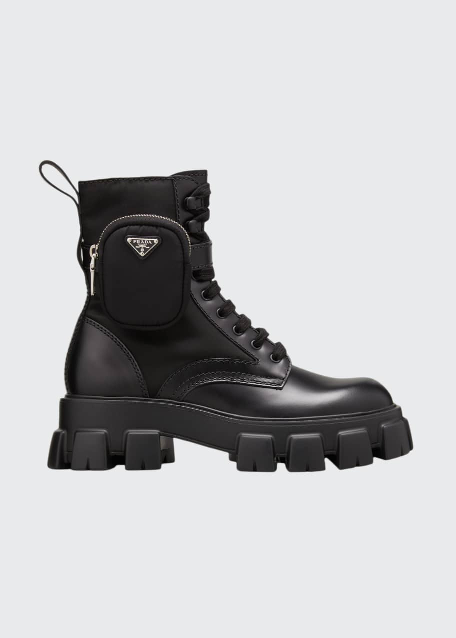 Prada Men's Monolith Leather Zip Pocket Combat Boots - Bergdorf Goodman
