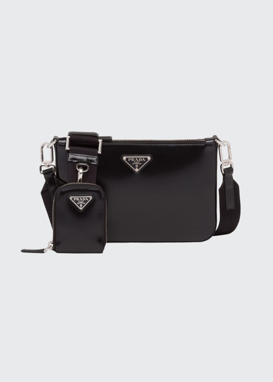 【PRADA】BRUSHED LEATHER CROSSBODY BAG Prada Men's Brushed Leather Crossbody Bag with Pouch