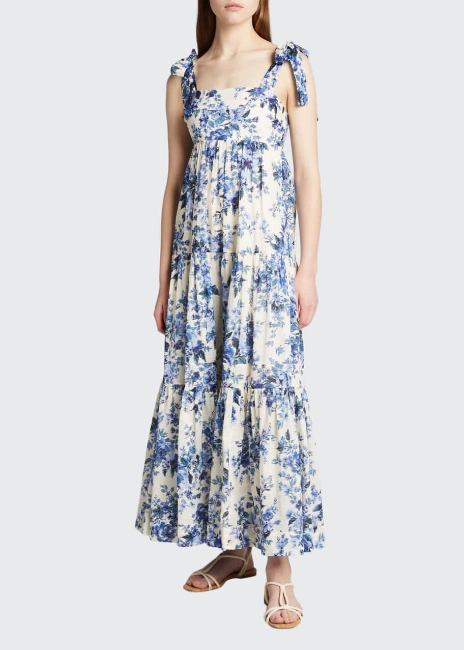 blue and white tie shoulder dress Bluebell Floral Tiered Midi Dress main image 0