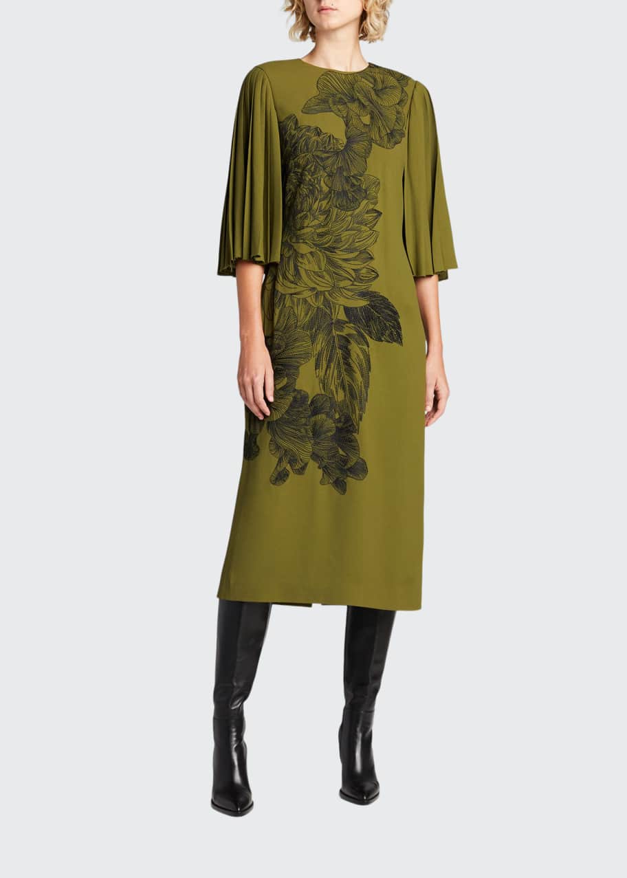 Jason Wu Collection Floral-Embroidered Crepe Dress w/ Pleated Sleeves ...